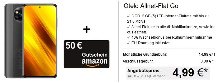 Xiaomi Poco X3 NFC mit 50 € Amazon Gutschein zur otelo Allnet Flat Go bei LogiTel