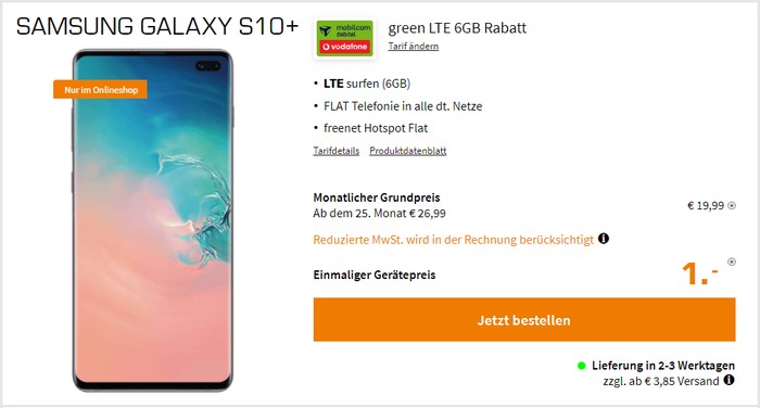 Samsung Galaxy S10 Plus + mobilcom-debitel green LTE (Vodafone-Netz) bei Saturn