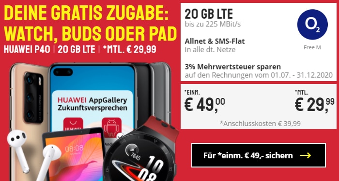 Huawei P40 mit o2 Free M und Zugabe bei Sparhandy