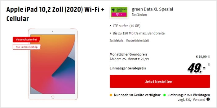 iPad (2020) LTE + mobilcom-debitel green Data XL (Telekom-Netz) bei MediaMarkt