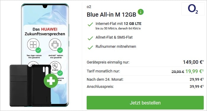 Huawei P30 Pro New Edition mit Cover zum o2 Blue All-in M 12 GB bei DeinHandy
