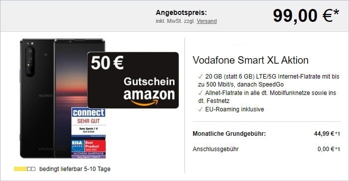 Sony Xperia 1 II + 50 € Amazon-Gutschein + Vodafone Smart XL 20 GB bei LogiTel