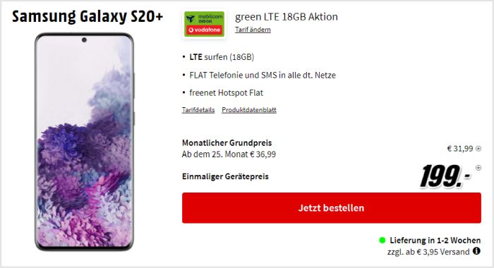 Samsung Galaxy S20 Plus + mobilcom-debitel green LTE (Vodafone-Netz) bei MediaMarkt