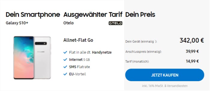 Samsung Galaxy S10 Plus (1 TB) mit otelo Allnet Flat Go im Samsung Online-Shop - 14,99 € Grundgebühr