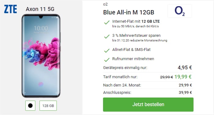 ZTE Axon 11 5G mit green LTE 12 GB im Telefonica-Netz bei DeinHandy