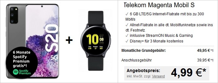 Telekom MagentaMobil S mit Samsung Galaxy S20 5G und Samsung Galaxy Watch Active2 bei LogiTel