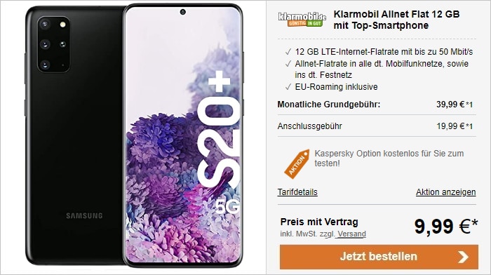 Samsung Galaxy S20 Plus 5G zur klarmobil Allnet Flat mit 12 GB LTE im Vodafone-Netz bei LogiTel