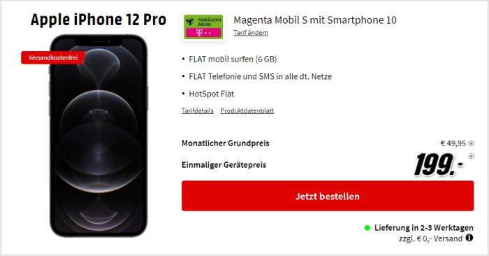 iPhone 12 Pro + mobilcom-debitel Magenta Mobil S (Telekom-Netz) bei MediaMarkt