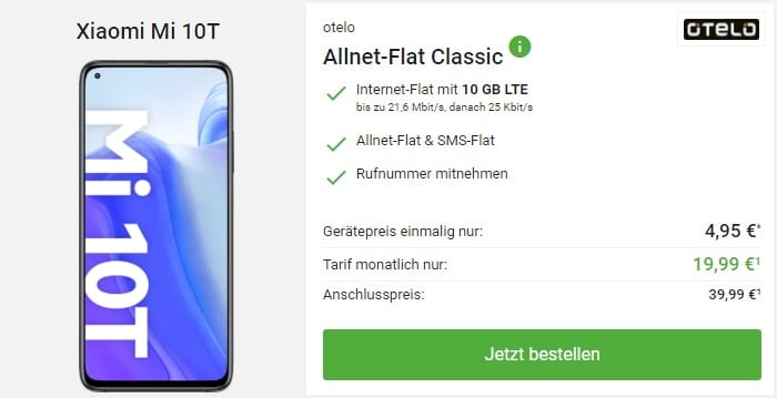 Xiaomi Mi 10T + otelo Allnet Flat Classic bei DeinHandy