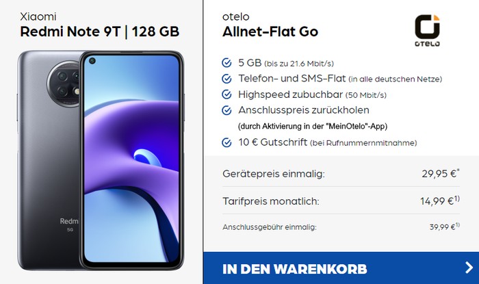 Xiaomi Redmi Note 9T 5G + otelo Allnet Flat Go bei Preisboerse24