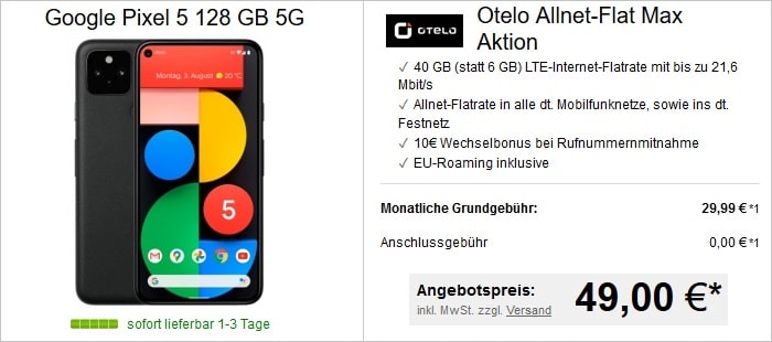 Google Pixel 5 mit otelo Allnet-Flat Max bei LogiTel