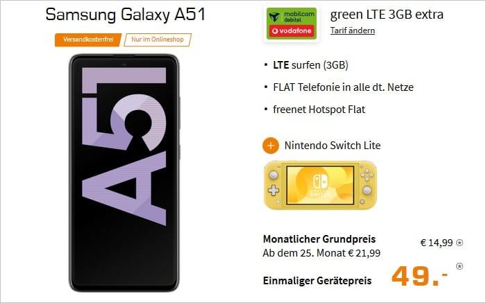 Samsung Galaxy A51 + Nintendo Switch Lite zum md green LTE 3 GB im Vodafone-Netz bei Saturn