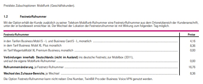 Preisliste für Option Festnetz-Nummer bei der Deutschen Telekom