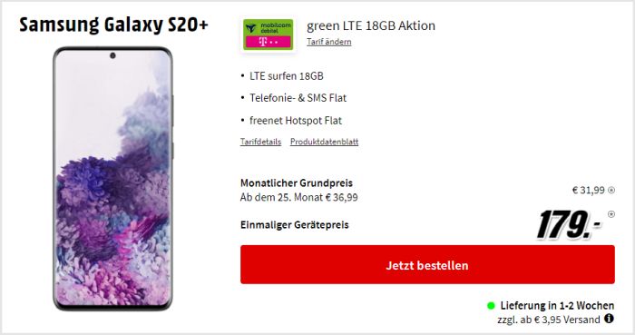 Samsung Galaxy S20 Plus zum mobilcom-debitel green LTE (Telekom-Netz) bei Saturn