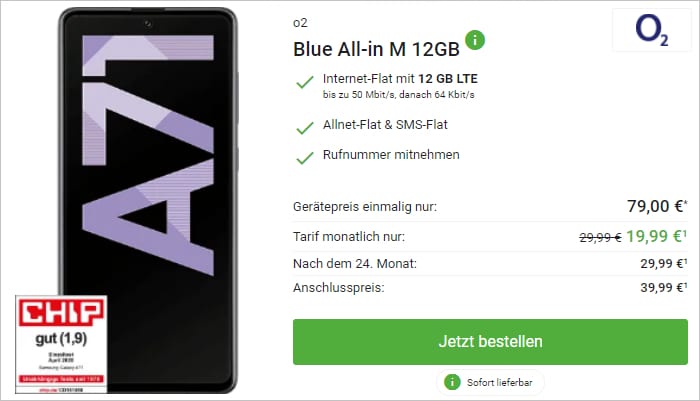 Samsung Galaxy A71 + o2 Blue All-in M mit 12 GB LTE + Allnet-Flat und 19,99 € Grundgebühr
