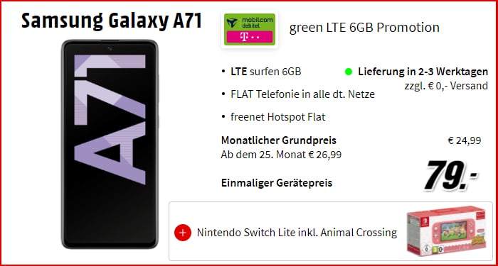 Samsung Galaxy A71 + Switch Lite zum md green im Telekom-Netz bei MediaMarkt