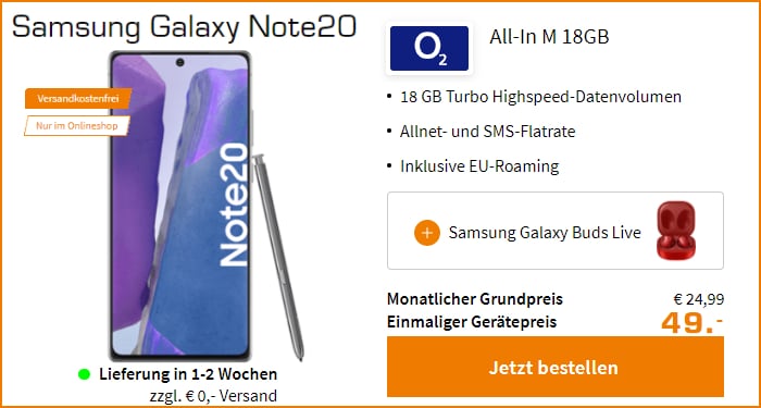 Samsung Galaxy Note 20 mit Galaxy Buds Live zum o2 All-In M bei Saturn