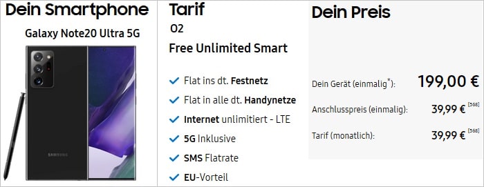 Samsung Galaxy Note 20 Ultra 5G mit o2 Free Unlimited Smart bei Samsung