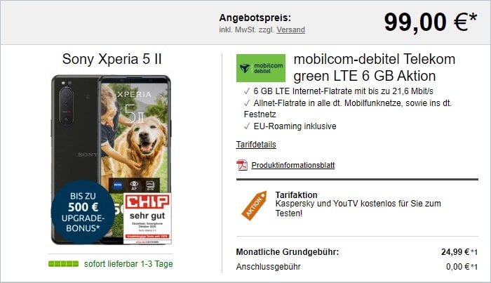 Sony Xperia 5 II + mobilcom-debitel green LTE (Telekom-Netz) bei LogiTel