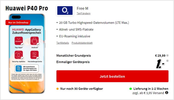 Huawei P40 Pro mit Vertrag o2 Free M bei MediaMarkt