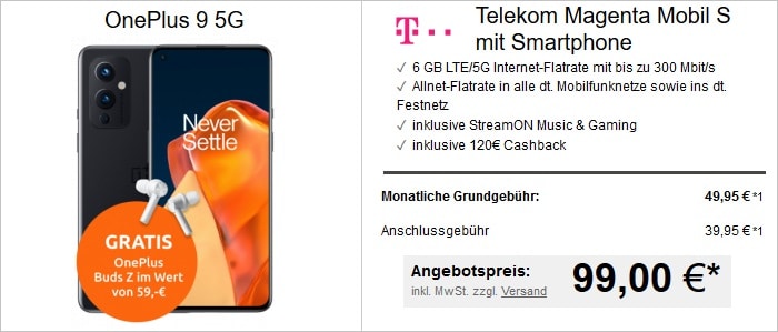 OnePlus 9 mit In Ears zum Telekom Magentamobil S bei LogiTel