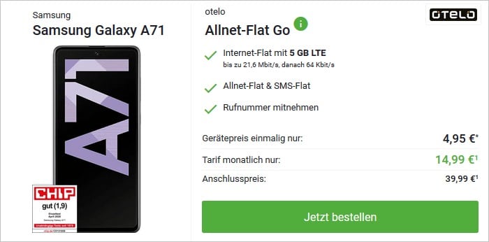 Samsung Galaxy A71 mit otelo Allnet-Flat Go bei DeinHandy