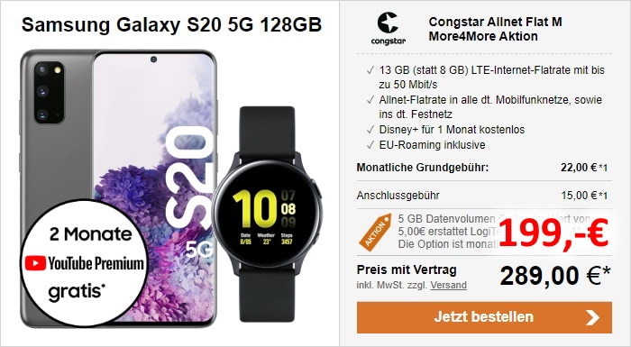 Samsung Galaxy S20 5G + Samsung Galaxy Watch Actrive2 (44mm) + congstar Allnet Flat M Aktion bei LogiTel