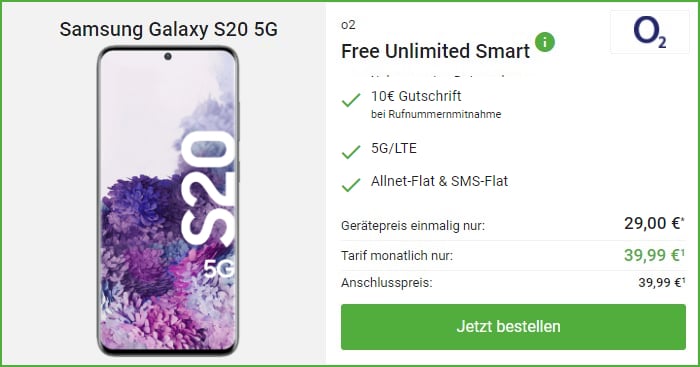 Samsung Galaxy S20 5G + o2 Free Unlimited Smart bei DeinHandy