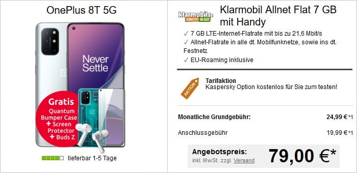 OnePlus 8T 5G mit Schutzzubehör zur klarmobil Allnet Flat 7 GB LTE im Vodafone-Netz