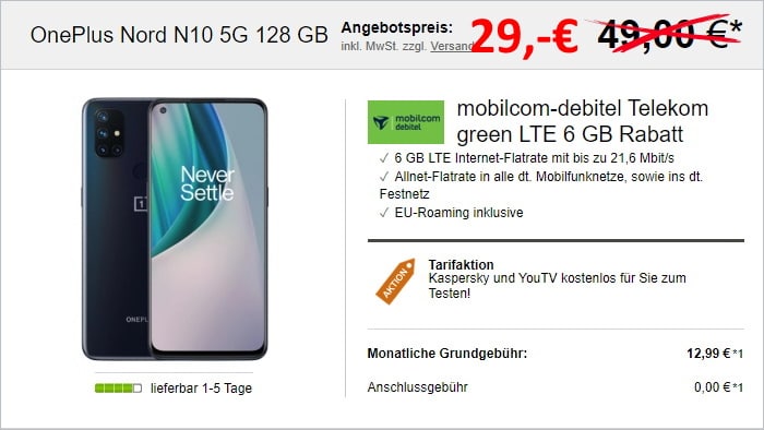OnePlus Nord N10 5G + mobilcom-debitel green LTE (Telekom-Netz) bei LogiTel