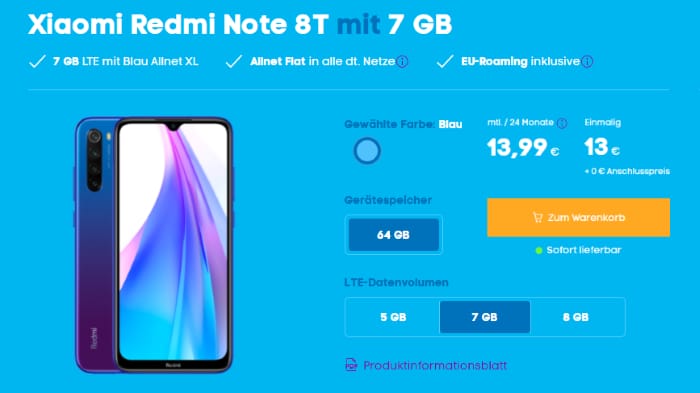 Redmi Note 8T mit Blau Allnet L 7 GB LTE bei Blau