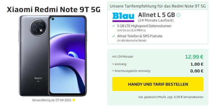 Xiaomi Redmi Note 9T 5G + Blau Allnet L bei Curved