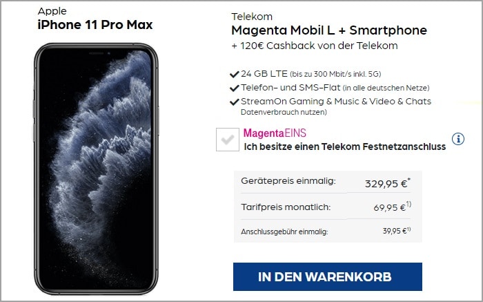 Apple iPhone 11 Pro Max mit Telekom MagentaMobil L bei Preisboerse24