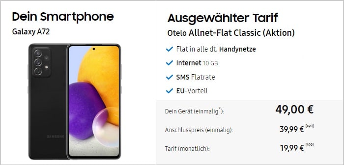 Samsung Galaxy A72 + otelo Allnet Flat Go bei Samsung