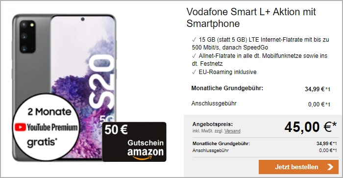 Samsung Galaxy S20 5G + Vodafone Smart L Plus bei LogiTel mit Amazon Gutschein