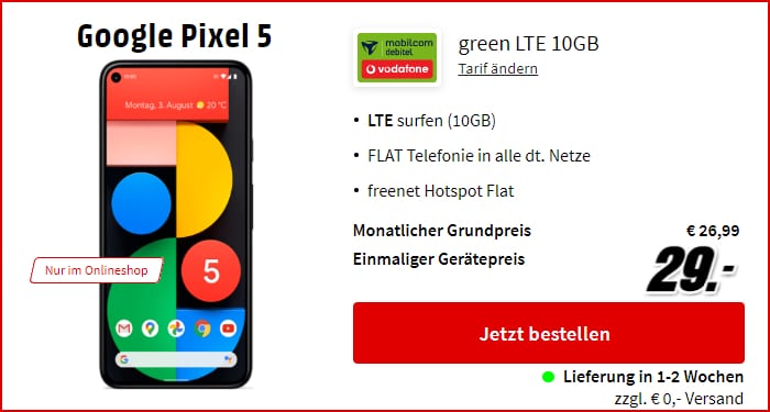 Google Pixel 5 + mobilcom-debitel green LTE (Vodafone-Netz) bei MediaMarkt