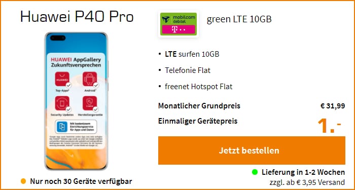 Huawei P40 Pro mit green LTE 10 GB im Telekom-Netz bei Saturn