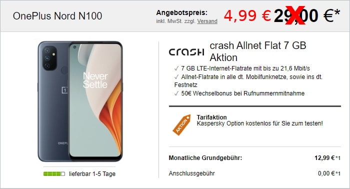 OnePlus Nord N100 mit crash Allnet Flat 7 GB bei LogiTel