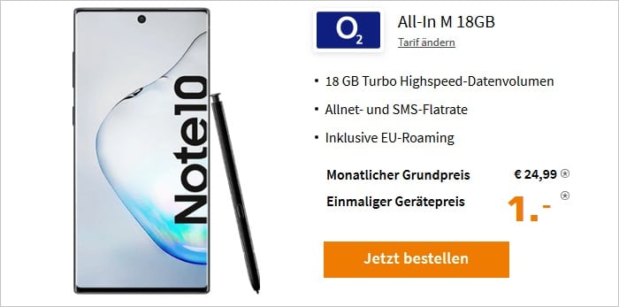 Samsung Galaxy Note10 mit o2 Blue All-In M 18 GB bei Saturn