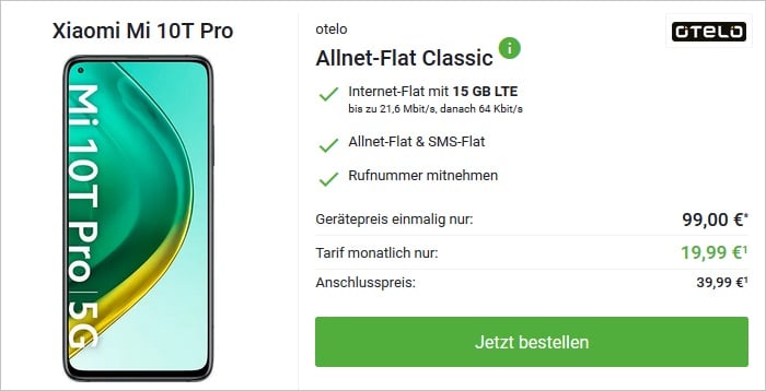 Xiaomi Mi 10T Pro mit otelo Allnet Flat Classic 15 GB Aktion bei DeinHandy