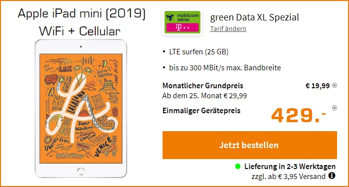 iPad Mini 2019 Wifi + Cellular mit md green Data XL Spezial (Telekom-Netz) bei Saturn