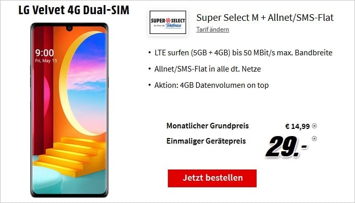 LG Velvet 4G mit Super Select M 9 GB bei MediaMarkt