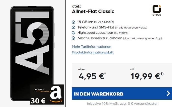 Samsung Galaxy A51 + Amazon + otelo Allnet Flat Classic 15 GB Aktion bei Preisboerse24
