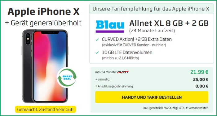 Apple iPhone X (neuwertig) mit Blau Allnet XL bei curved