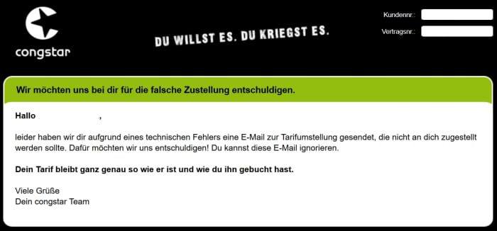 congstar Tarifumstellung E-Mail Dementi