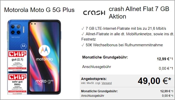Motorola Moto G 5G Plus mit crash Allnet Flat bei LogiTel