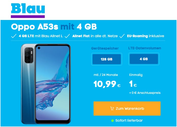 Oppo A53s mit Blau Allnet L (4 GB) bei Blau