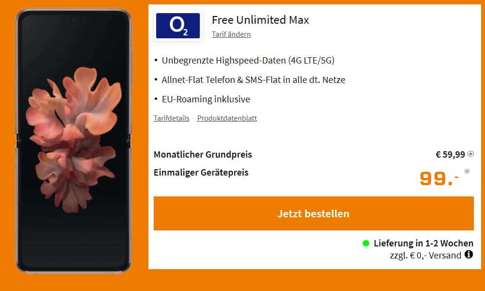 Samsung Galaxy Z Flip 5G + o2 Free Unlimited mit bis zu 500 MBit/s