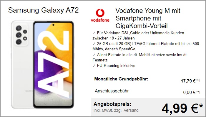 Samsung Galaxy A72 mit Vodafone Young M GigaKombi bei LogiTel