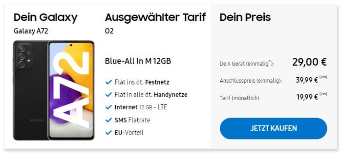 Samsung Galaxy A72 mit o2 Blue All in M im Samsung Online-Shop